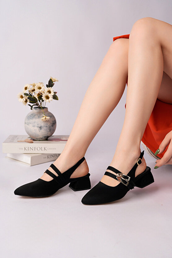VERNIS Kadın Siyah Süet Çift Bant Tokalı Sivri Burun Slingback Kalın Topuklu Ayakkabı