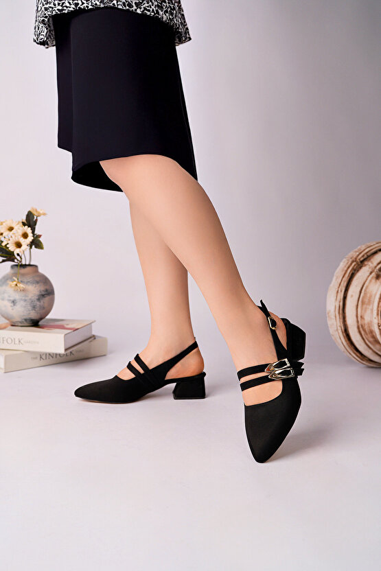 VERNIS Kadın Siyah Süet Çift Bant Tokalı Sivri Burun Slingback Kalın Topuklu Ayakkabı