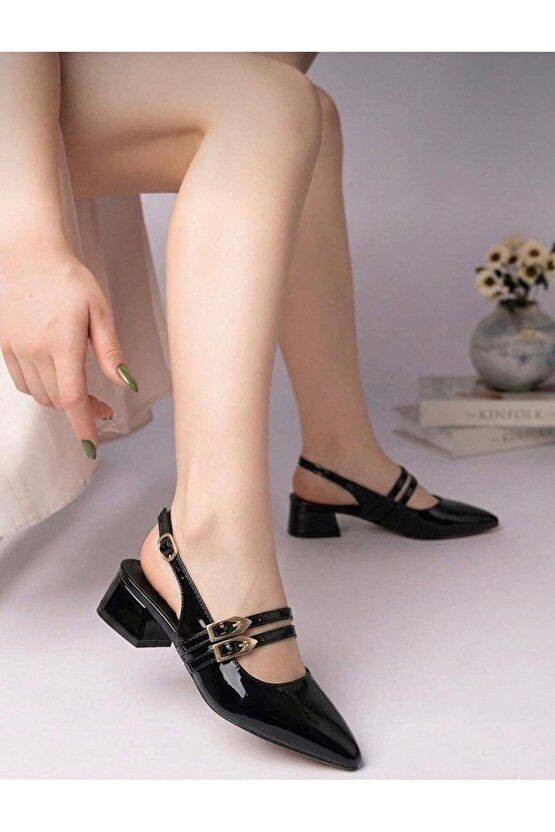 ARVEN Kadın Siyah Rugan Çift Tokalı Orta Kalın Topuklu Kadın Slingback Mary Jane Ayakkabı