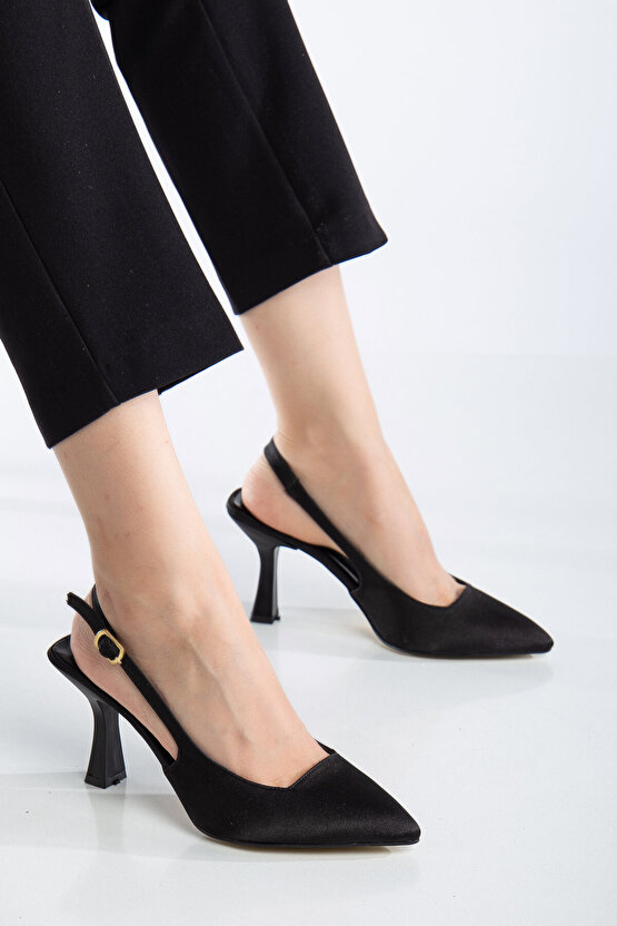 Saten Stiletto Sivri Burun Arkası Bantlı Topuğu Açık Günlük Rahat Kadın Topuklu Ayakkabı