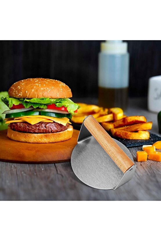 Mold Chef Ağşap Saplı Paslanmaz Çelik 14 Cm Burger Pres Hamburger Pres Köfte Pres Aparatı