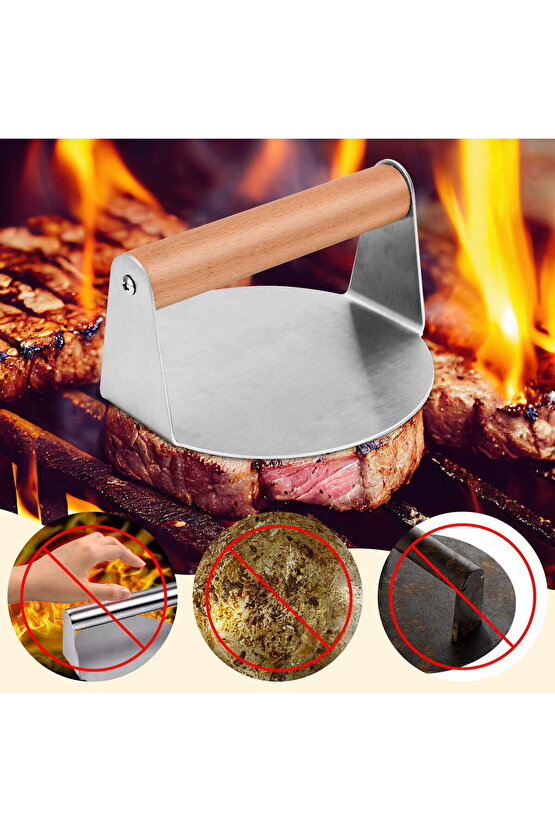 Mold Chef Ağşap Saplı Paslanmaz Çelik 14 Cm Burger Pres Hamburger Pres Köfte Pres Aparatı