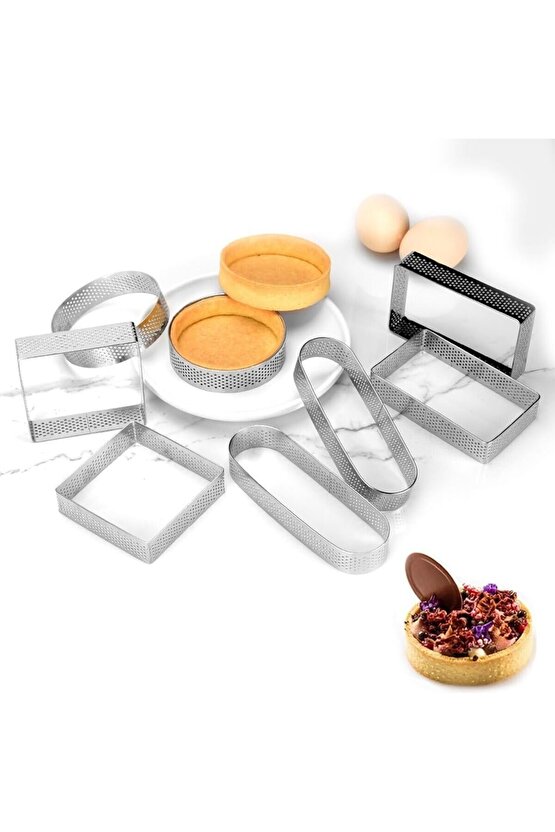 Mold Chef Yuvarlak Kare,Oval ,Dikdörtgen Delikli Tart Kalıbı 8 Adet
