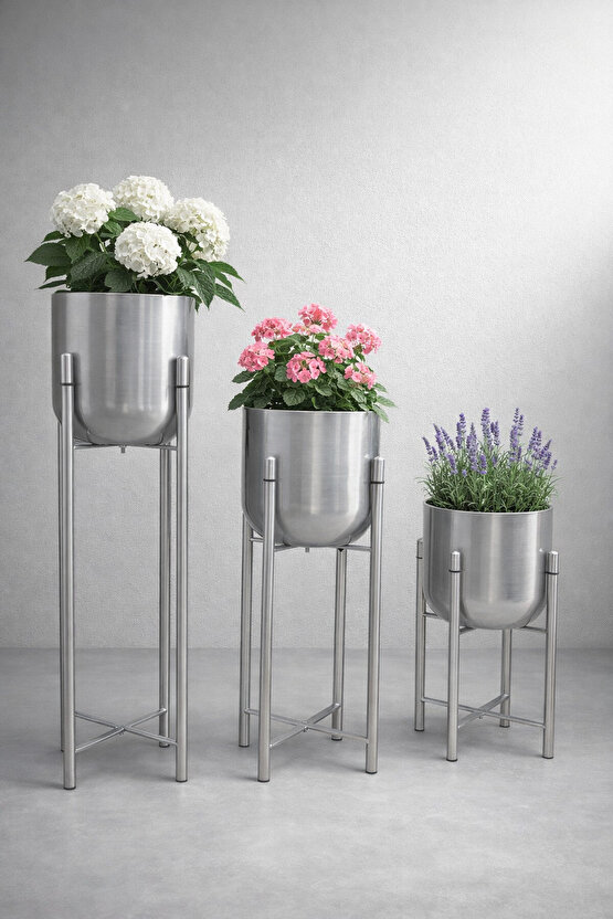 ATLAS 75-60-45 CM AYAKLI GÜMÜŞ SAKSILIK SET ÇAP 20