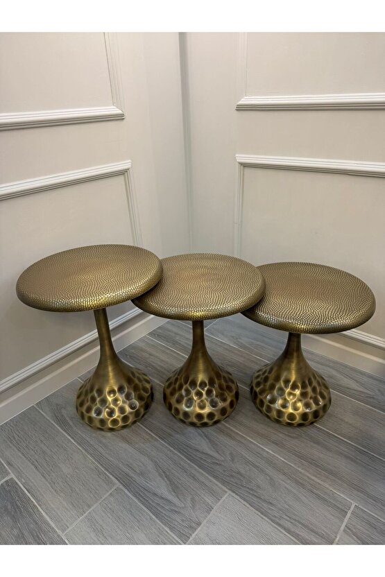 VERA 3’lü Dövme Gold Eskitme Modern Yan Sehpa Seti