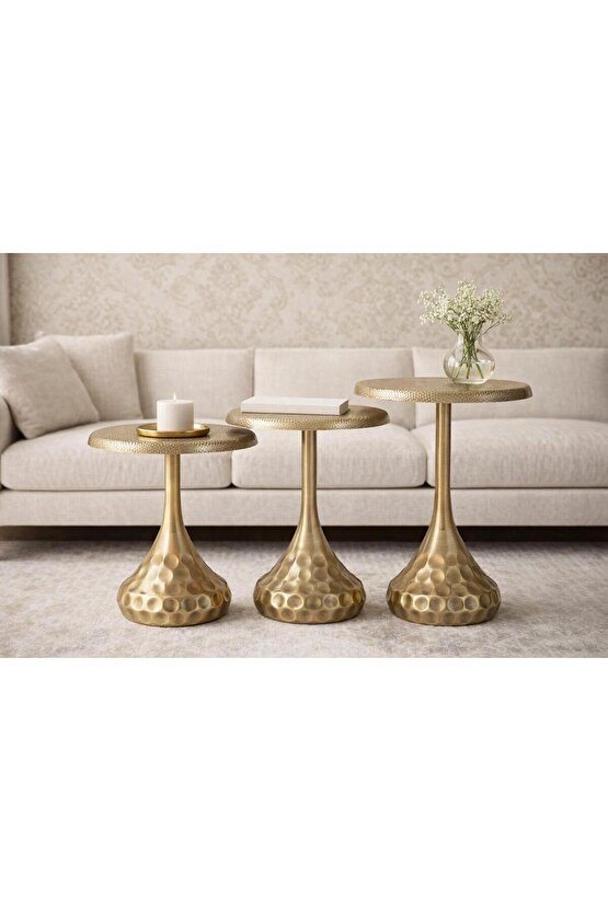 VERA 3’lü Dövme Gold Eskitme Modern Yan Sehpa Seti