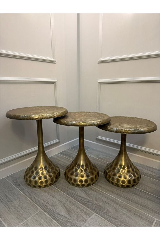 VERA 3’lü Dövme Gold Eskitme Modern Yan Sehpa Seti