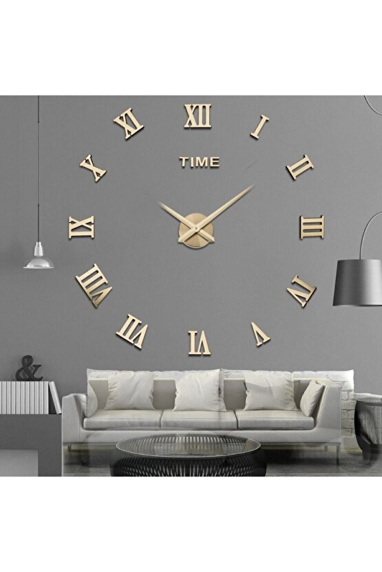 Dekoratif 3d Duvar Saati Gold Pleksi Ayna Roma Rakam Boyları 7 cm,Arkaları MDF Destekli