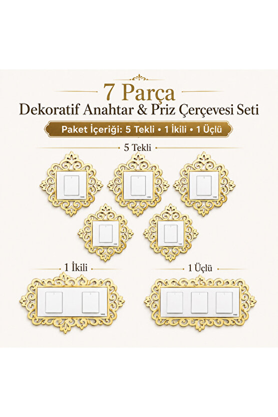 Gold Dekoratif Anahtar Priz Çerçevesi 7’li Set | 5 Tekli 1 İkili 1 Üçlü