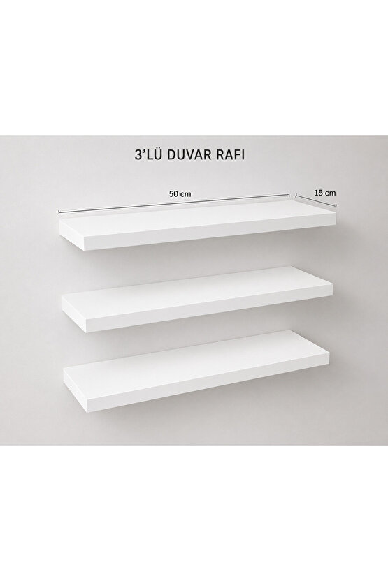 3’lü Gizli Bağlantılı Duvar Rafı – Beyaz – 50x15 cm