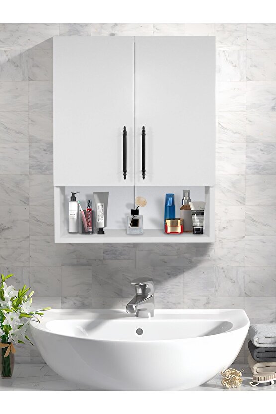 Çok Amaçlı Banyo Dolabı, Ecza Dolabı, 2 Kapaklı Dolap, Hol, Banyo, Ofis, Beyaz,