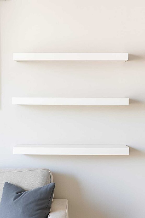 Beyaz Dekoratif Uçan Duvar Rafı Gizli Bağlantılı 3lü Set 50x14