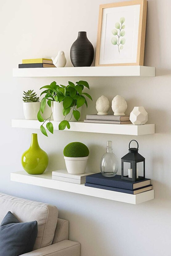 Beyaz Dekoratif Uçan Duvar Rafı Gizli Bağlantılı 3lü Set 50x14