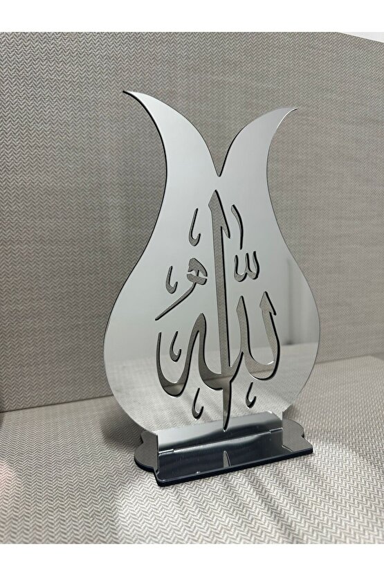 Aynalı Pleksi Lale Motifli Allah Yazılı Masaüstü Dekor