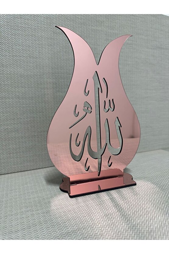 Aynalı Pleksi Lale Motifli Allah Yazılı Masaüstü Dekor