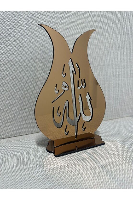 Aynalı Pleksi Lale Motifli Allah Yazılı Masaüstü Dekor