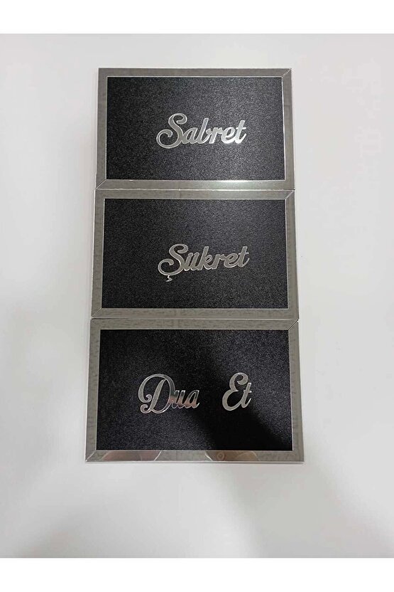 Sabret,şükret,dua Et Duvar Tablosu 3lü Set Gümüş-siyah