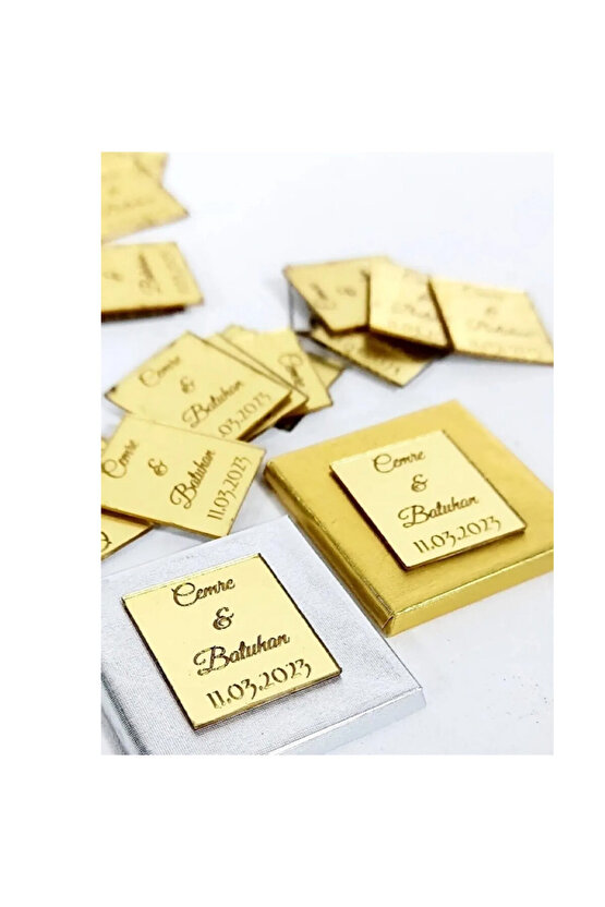 Kişiye Özel 50 Adet Kare Söz,Nişan,Nikah Çikolatası Üzerine Gold Gümüş Pleksi İsimlik