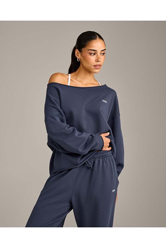 Omuz Detaylı Sweatshirt Vintage Mavi