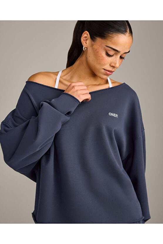 Omuz Detaylı Sweatshirt Vintage Mavi