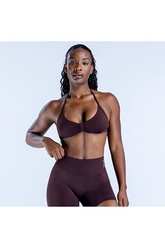 Çikolata Kahve Halter Yaka Bra - Minimalist Sırt Detaylı Spor Sütyeni
