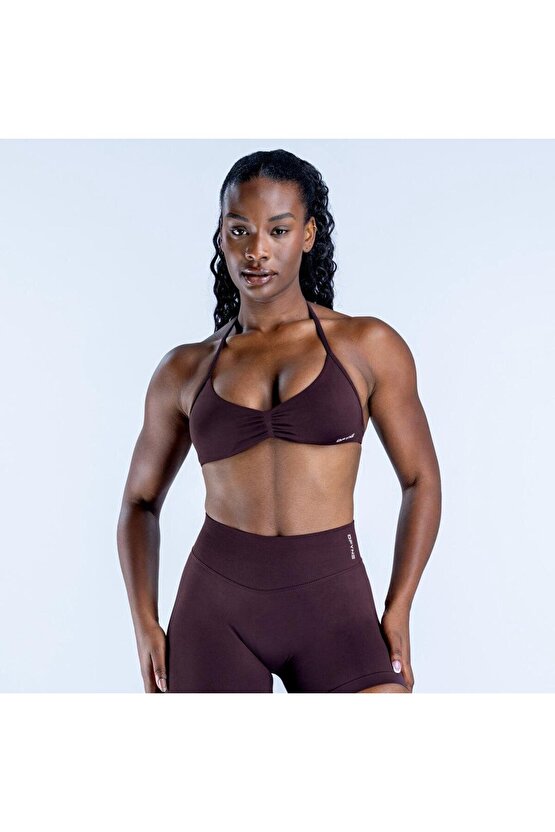 Çikolata Kahve Halter Yaka Bra - Minimalist Sırt Detaylı Spor Sütyeni