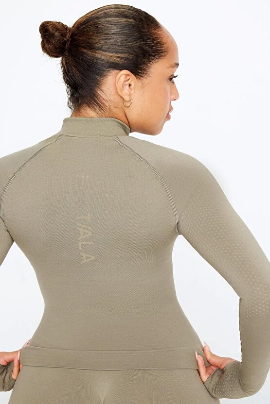 Seamless Zip Up Spor Ceket - Taupe