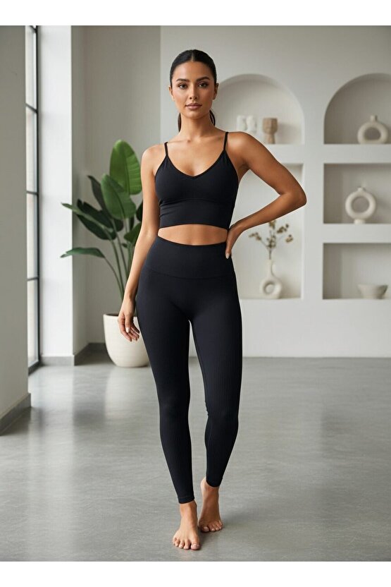 Siyah Seamless Yüksek Bel Tayt ve Bra Takımı - Sportif Şıklık