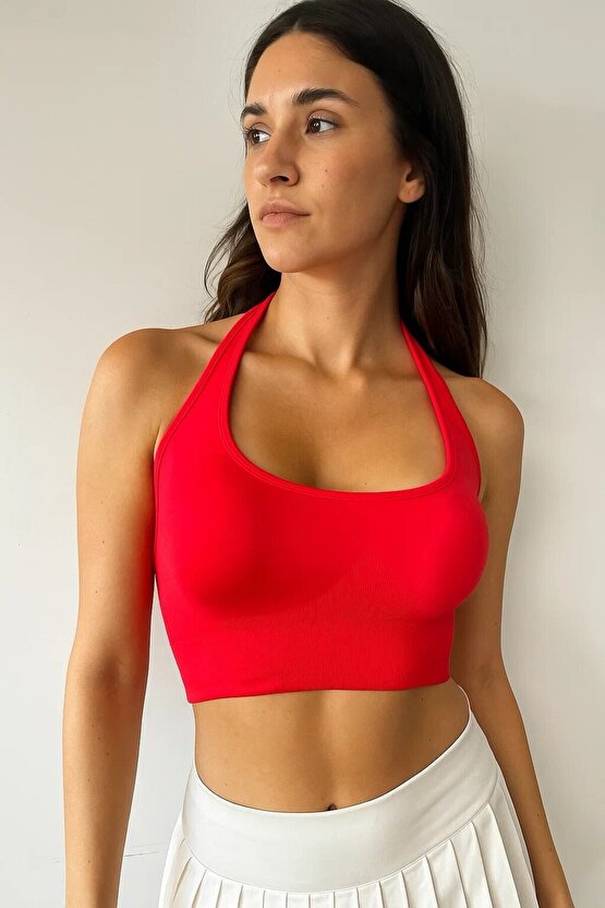 EXALTED Kadın Kırmızı Halter Yaka Spor Bra  Crop Top