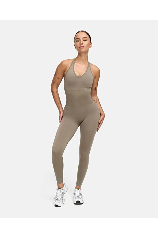 Halter Yaka Uzun Seamless Fitness Tulum - Toprak Beji
