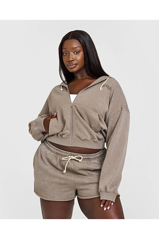 Vintage Wash Zip Hoodie - Taupe