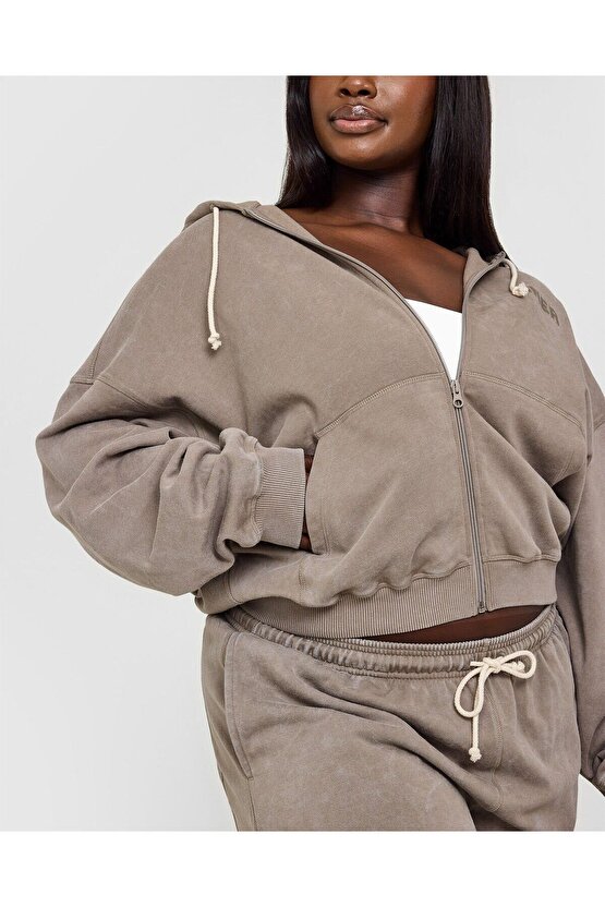 Vintage Wash Zip Hoodie - Taupe