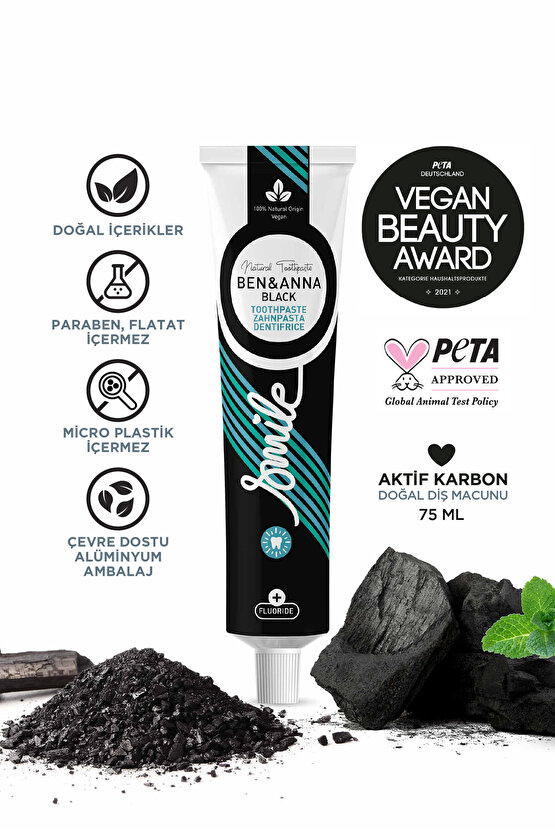 Ben&Anna Aktif Karbon ve Hindistan Cevizi Florürlü Diş Macunu 2’li Avantajlı Set Vegan 75 ml