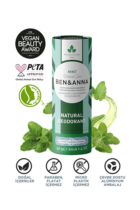 Ben & Anna Mint Doğal Bakım Nane Aromalı Florürlü Diş Macunu 75 ml + Doğal Deodorant 40 g Vegan