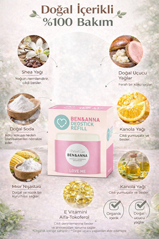 Ben & Anna Love Me Refill Deodorant Stick 40 gr | %100 Doğal Vegan, Alüminyum İçermez Nemlendirici