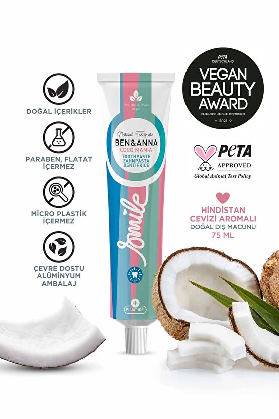 Ben & Anna Florürlü Hindistan Cevizi Aromalı Diş Macunu 75 ml Ferah Nefes Vegan