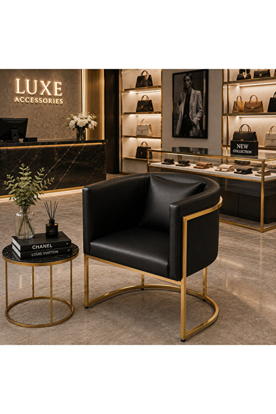 Luxury Collection Gold Metal Tekli Berjer | Modern Suni Deri Bekleme Koltuğu