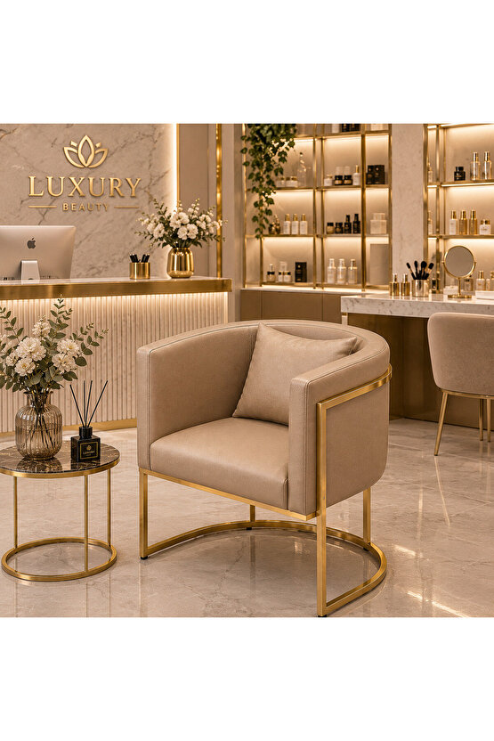 Luxury Collection Gold Metal Tekli Berjer | Modern Suni Deri Bekleme Koltuğu