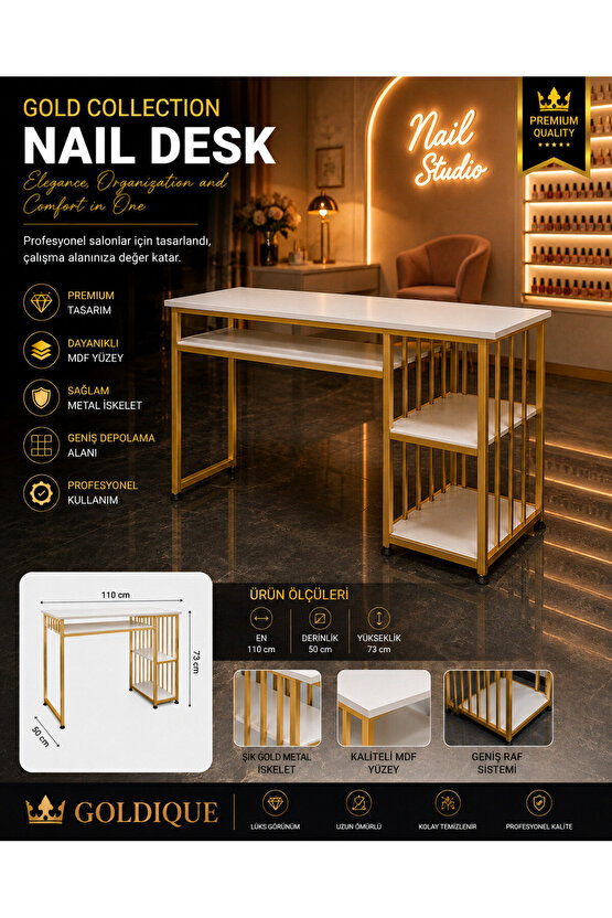 Gold Collection Luxury Nail Desk | Gold Metal Profesyonel Nail Studio Çalışma Masası
