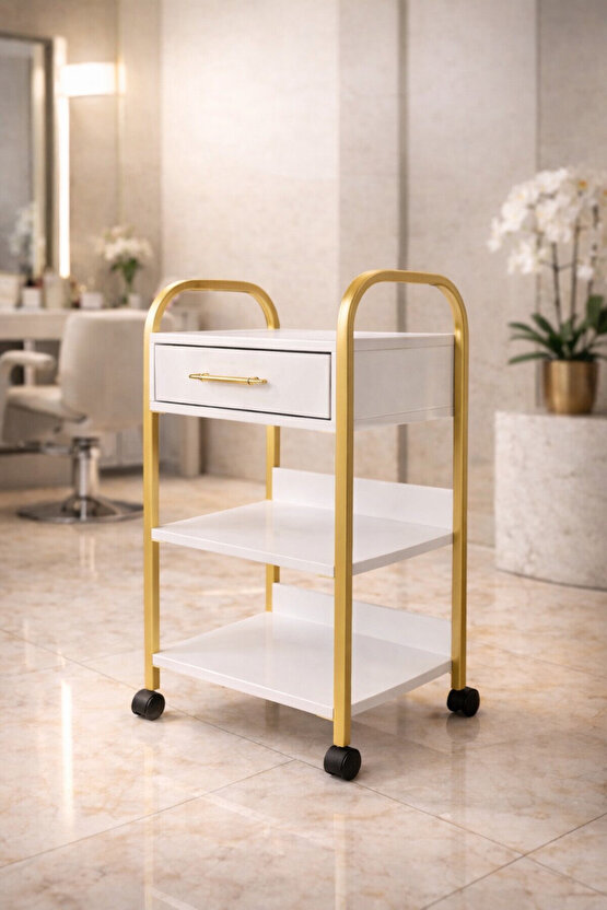 Gold Collection Tekerlekli Etejer Stand – Çekmeceli Çok Amaçlı Kuaför & Güzellik Salonu Servis Arabası