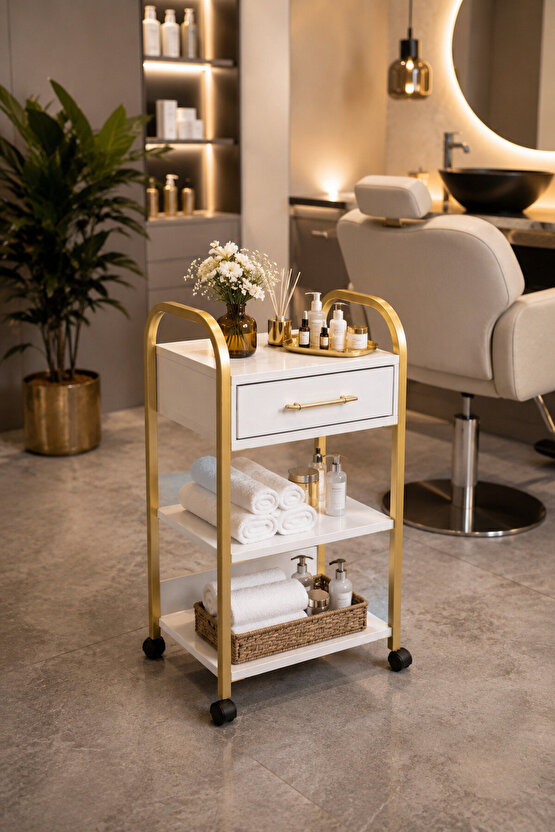 Gold Collection Tekerlekli Etejer Stand – Çekmeceli Çok Amaçlı Kuaför & Güzellik Salonu Servis Arabası