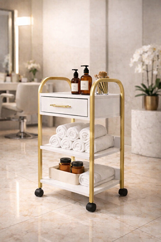 Gold Collection Tekerlekli Etejer Stand – Çekmeceli Çok Amaçlı Kuaför & Güzellik Salonu Servis Arabası