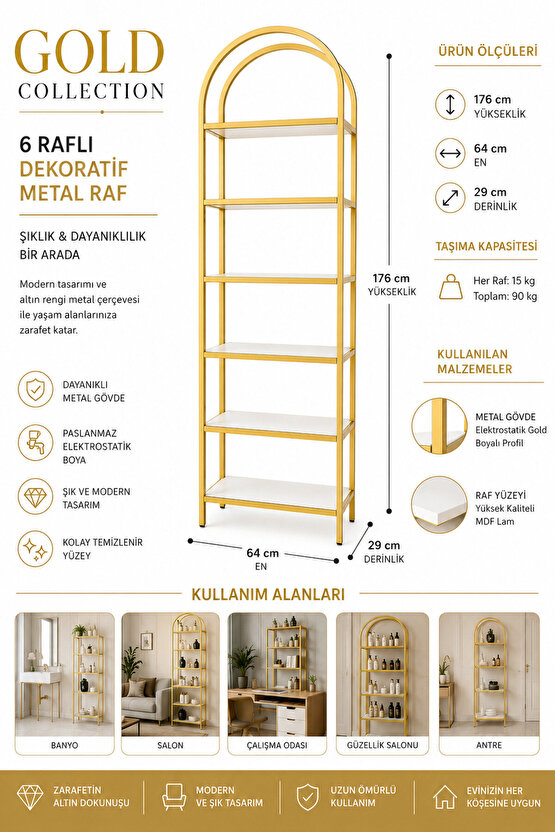Luxury Collection 6 Raflı Çok Amaçlı Kitaplık | Premium Gold Metal Raf