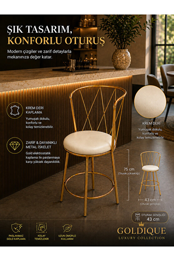 GOLDIQUE Gold Metal Bar Sandalyesi – Deri Döşemeli Sırtlı Yüksek Bar Taburesi