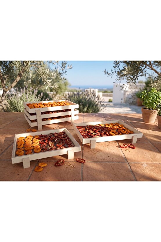 Doğal Huş Ağacı İstiflenebilir Gıda Kurutma Teli - 2li Set (52x35 cm) - Ahşap Meyve, Sebze ve Ot Kurutmalık Tepsisi