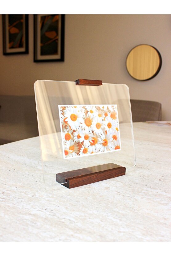 Doğal Ceviz Ahşap Standlı Şeffaf Pleksi Fotoğraf Çerçevesi - Çift Taraflı Yüzer Çerçeve, 10x15 ve 15x21 cm Uyumlu Anı Se