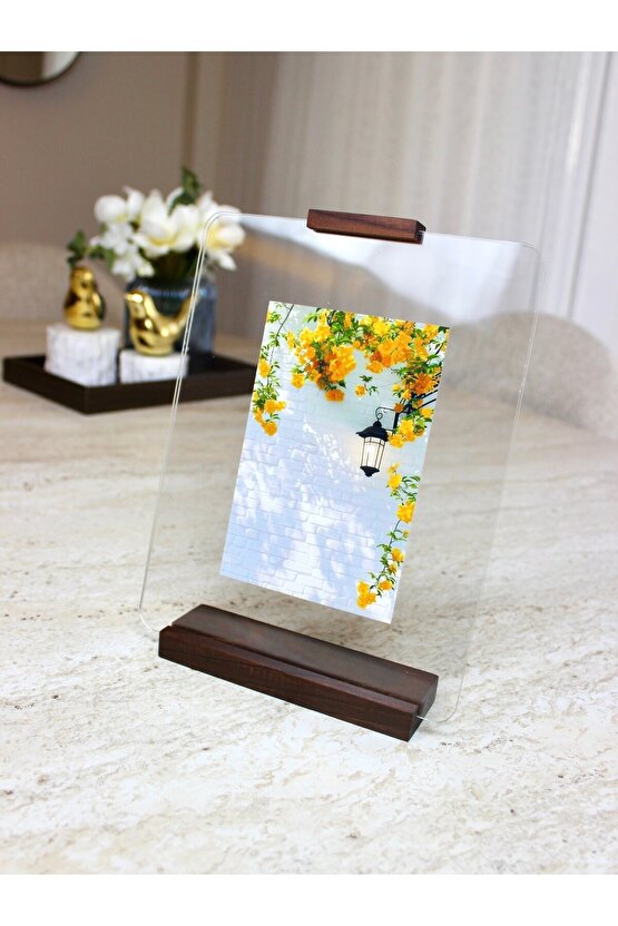 Doğal Ceviz Ahşap Standlı Şeffaf Pleksi Fotoğraf Çerçevesi - Çift Taraflı Yüzer Çerçeve, 10x15 ve 15x21 cm Uyumlu Anı Se