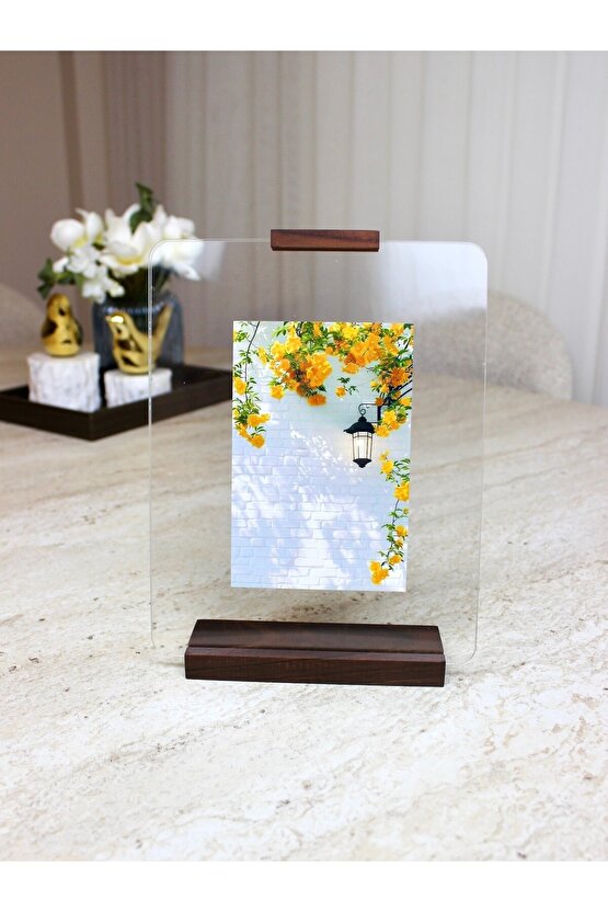 Doğal Ceviz Ahşap Standlı Şeffaf Pleksi Fotoğraf Çerçevesi - Çift Taraflı Yüzer Çerçeve, 10x15 ve 15x21 cm Uyumlu Anı Se