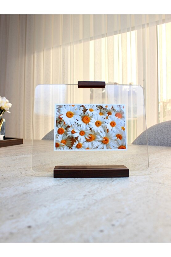 Doğal Ceviz Ahşap Standlı Şeffaf Pleksi Fotoğraf Çerçevesi - Çift Taraflı Yüzer Çerçeve, 10x15 ve 15x21 cm Uyumlu Anı Se