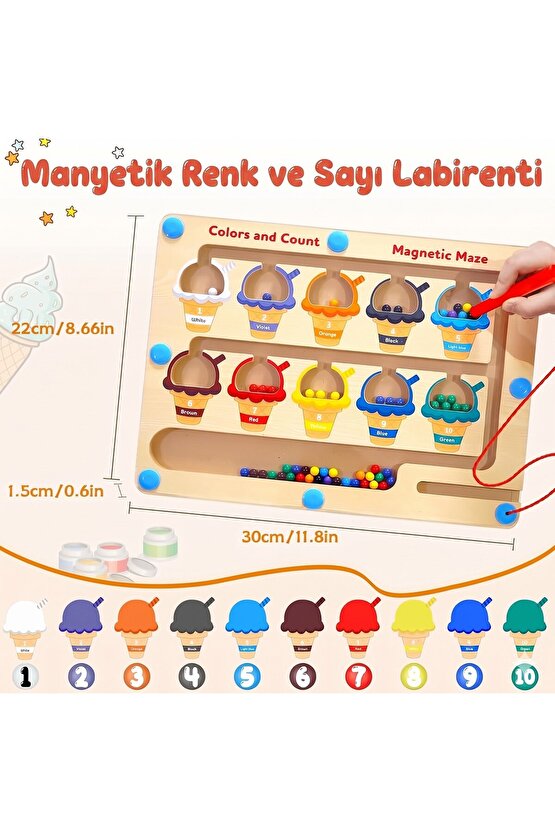 Manyetik Kalemli Renk ve Sayı Labirenti – Eğitici Ahşap Dondurma Temalı Zeka Oyunu